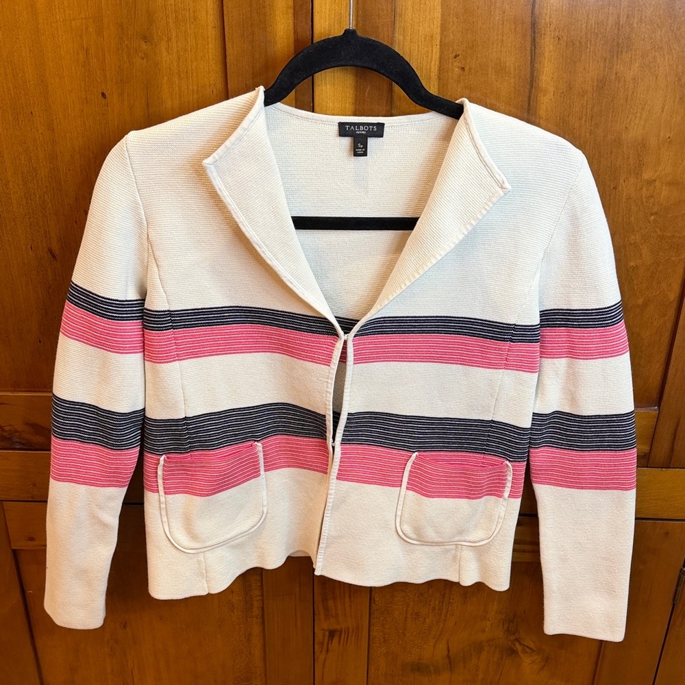 Talbots Knit Cream Cardigan with Pink & Black Stripes